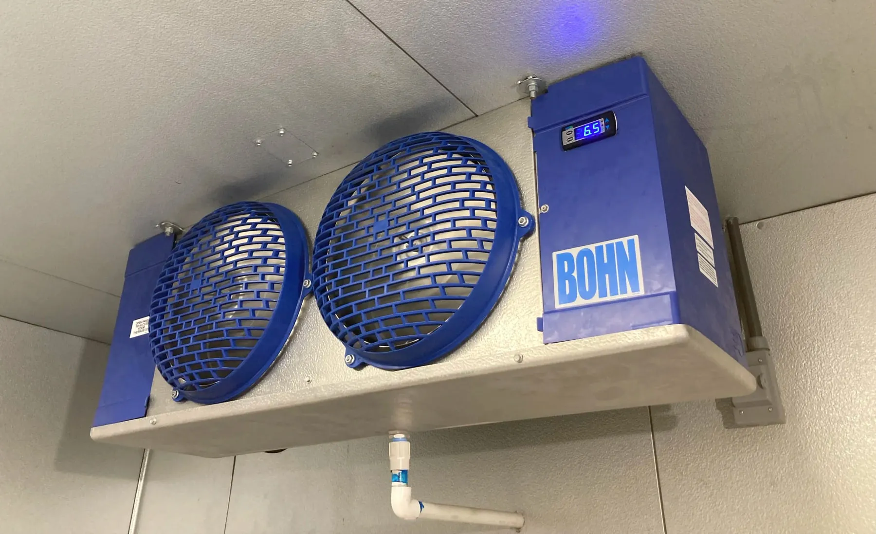 A Bohn walk-in evaporator installed in a cooler ceiling, its controller reading 36.5 degrees.